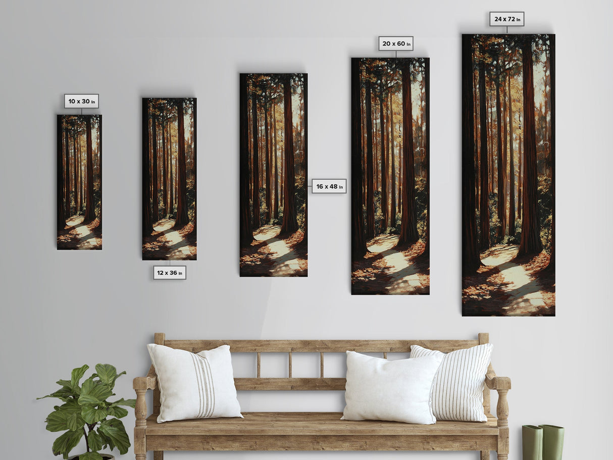 Redwood Forest, pine tree art, rustic decor, above sofa art, forest at dusk painting, wabi sabi art, tall skinny art, framed canvas print