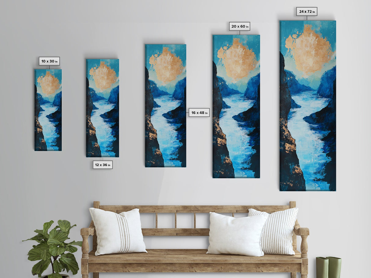 River, Canyon, Canvas Print, blue and green wall art, landscape painting, horizon painting gray white, nature art, above couch art, gift idea