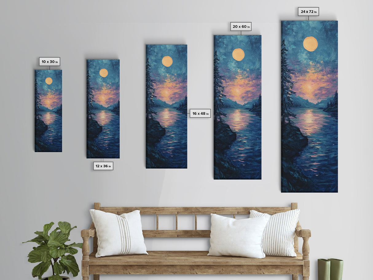 Moonlit Lake, moon oil painting, framed canvas print, landscape painting, lake Tahoe art, moody art, tall narrow art, rustic wall art