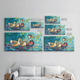 Duck Family, bird art, whimsical art, teal wall art, gift idea for her, landscape painting, extra wide art, Framed Canvas Print