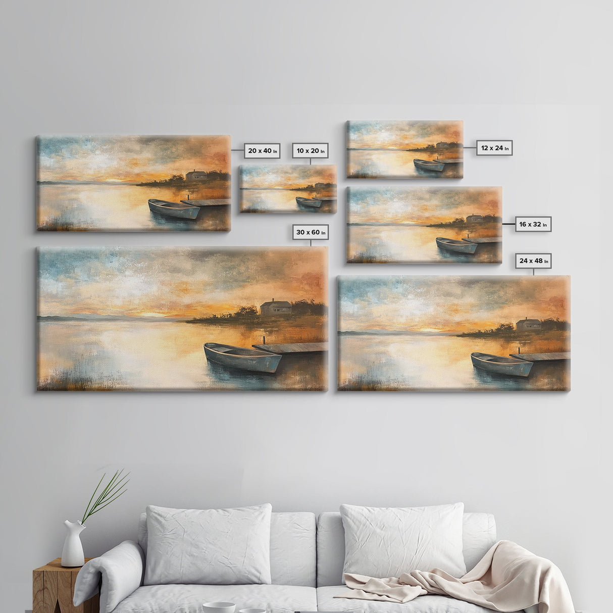 Sunset Reflection, lake painting, rustic decor, nautical painting, seascape painting, extra wide art, Canvas Print, landscape painting