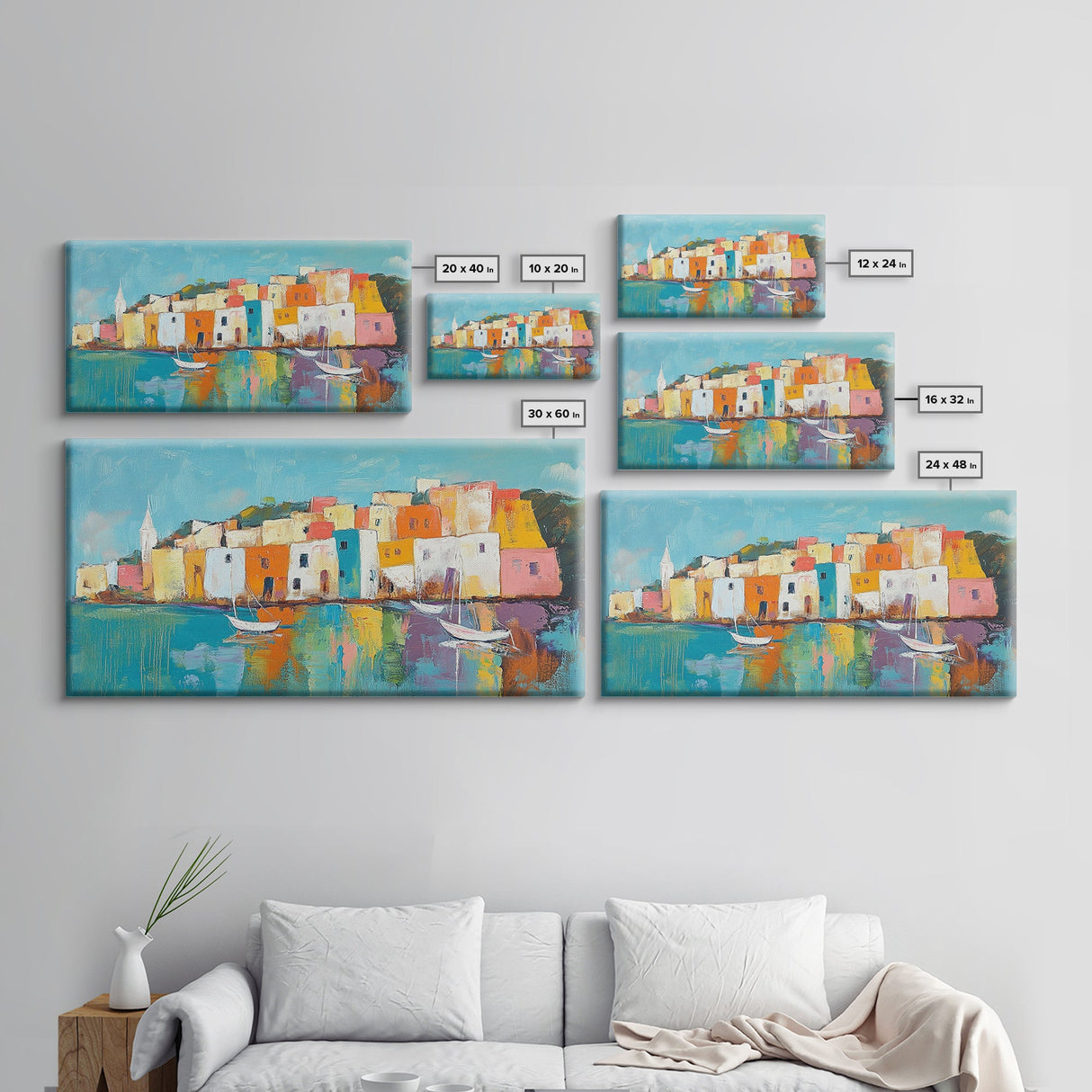 Mediterranean Village, coastal painting, Italy art, colorful homes, seascape painting, extra wide art, Canvas Print, panoramic art
