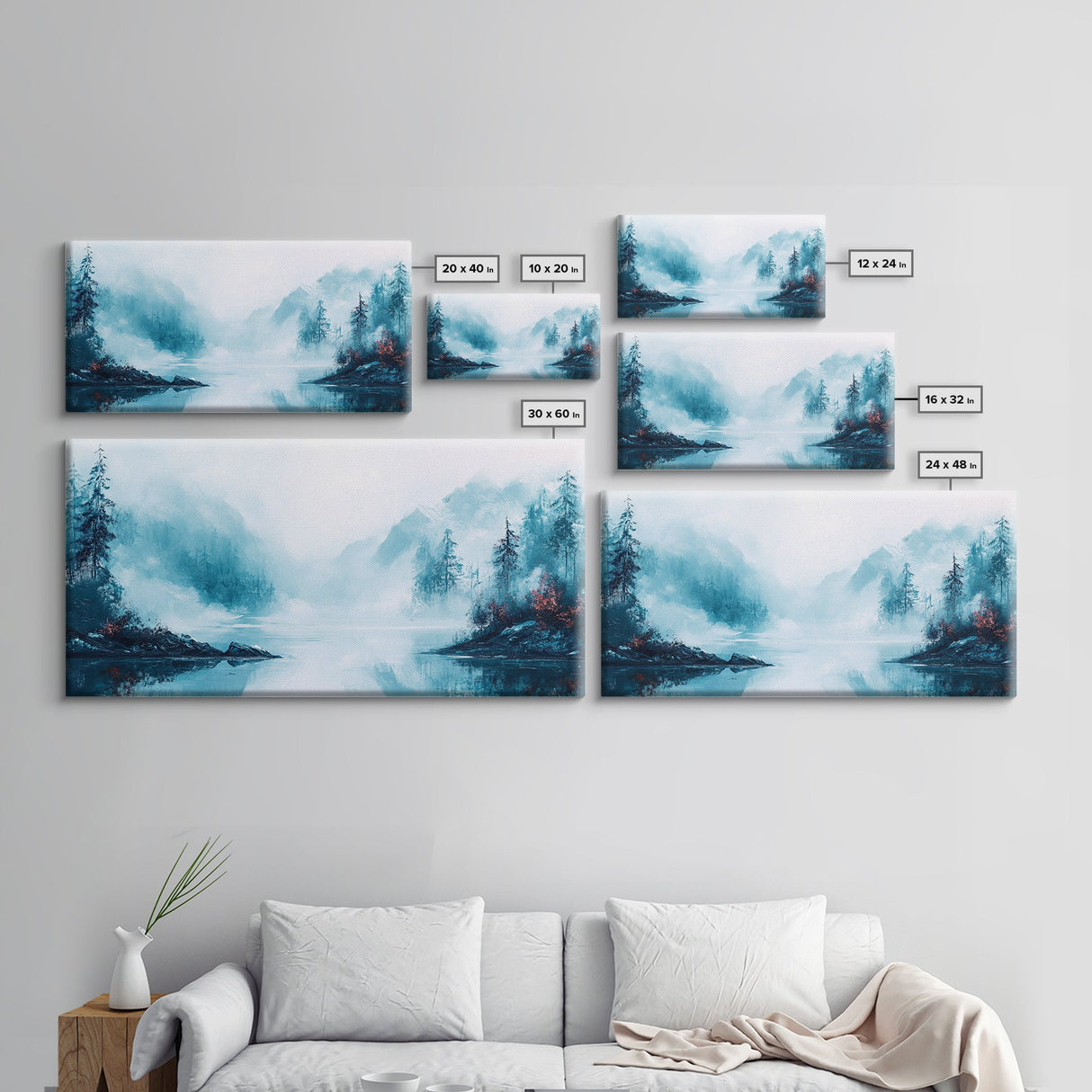 Misty Mountains, pine tree art, wabi sabi wall art, smoky mountain art, panoramic painting, nature painting, Framed Canvas Print
