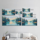 Tranquil Lake, pine tree art, landscape painting, smoky mountain art, panoramic painting, nature painting, Framed Canvas Print
