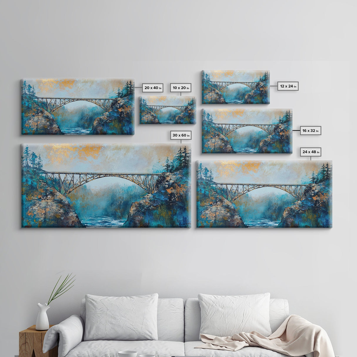 Steel Bridge, landscape painting, mountain painting, panoramic painting, framed canvas print, blue and green wall art