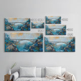 Steel Bridge, landscape painting, mountain painting, panoramic painting, framed canvas print, blue and green wall art