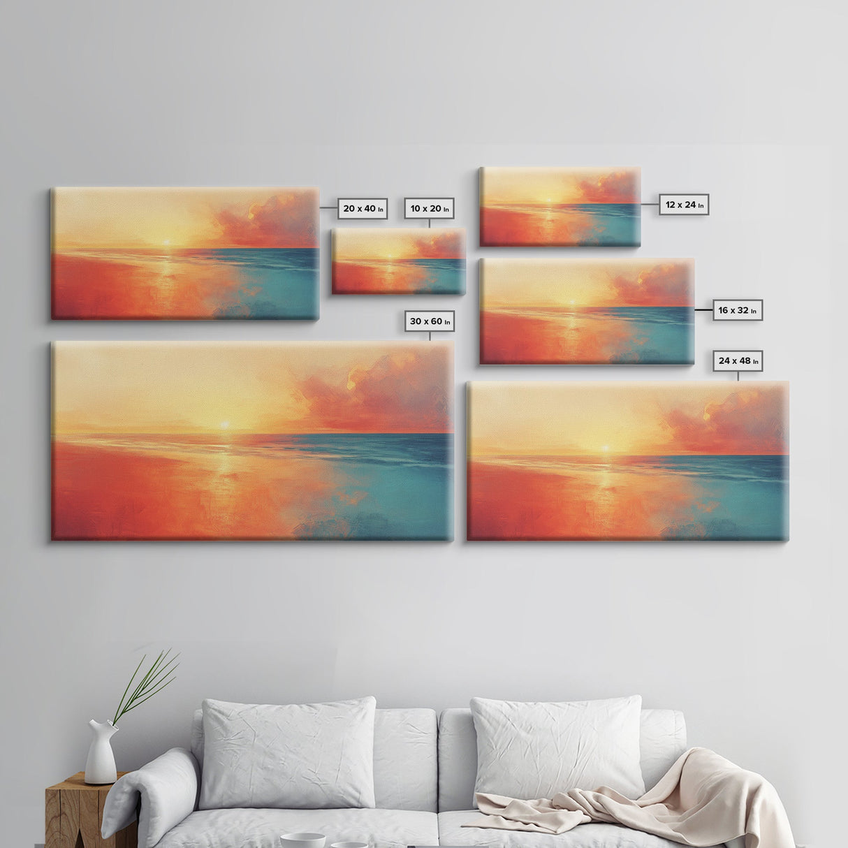 Sunset Ocean, pink orange wall art, coastal landscape art, moody art, extra wide art, panoramic painting, framed canvas print