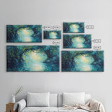 Mystical River, Framed Canvas Print, landscape painting, moody art, forest at dusk painting, teal wall art, extra wide art