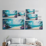 Tropical Beach, Framed Canvas Print, coastal painting, palm tree painting, Hawaii art, nautical decor, coastal wall art