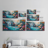 Vibrant Waterfall, Canvas Print, landscape painting, moody art, tropical art, teal wall art, extra wide art, rustic decor