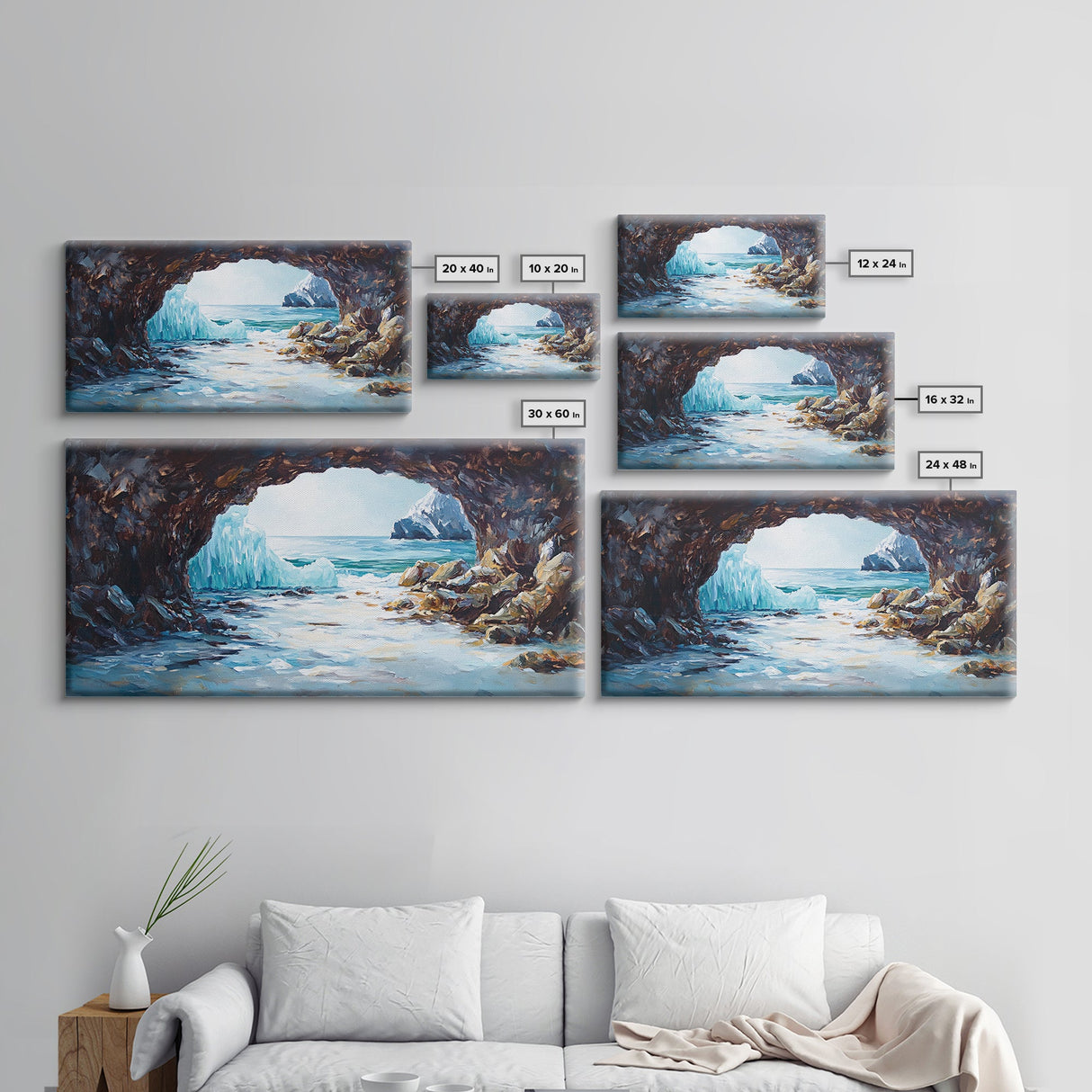 Coastal Ice Cave, Canvas Print, seascape painting, nautical decor, blue and green wall art, landscape painting, extra wide art
