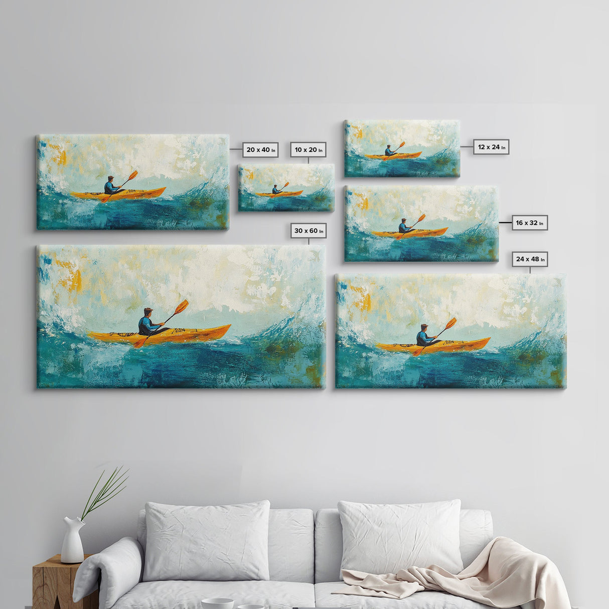 Kayaker at Sea, Canvas Print, fisherman painting, coastal painting, seascape painting, nautical decor, surf wall art, extra wide art