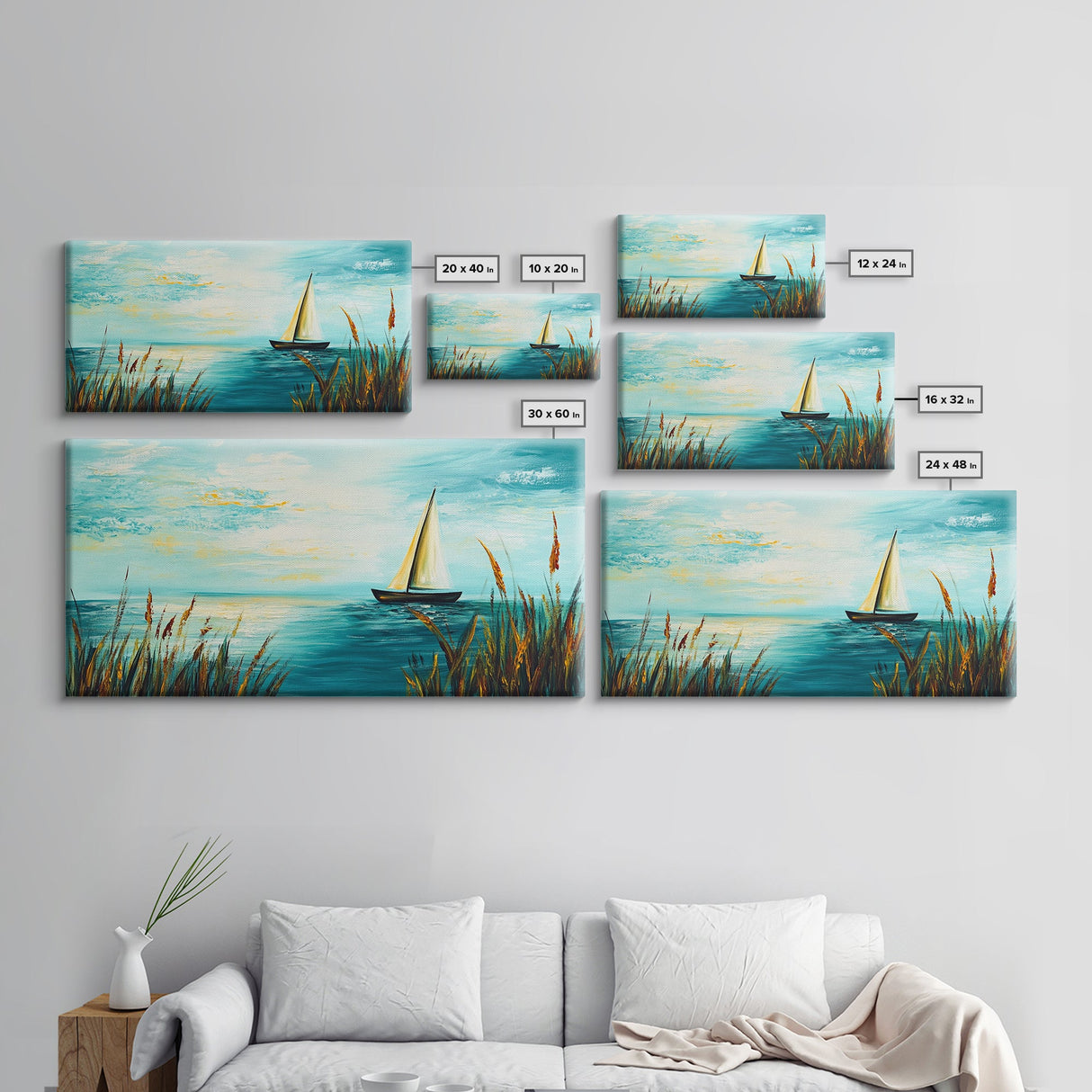 Serene Sailboat, Canvas Print, sailboat painting, coastal painting, nautical wall art, blue and green wall art, extra wide art