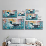 Loon Swimming Art, bird art, teal wall art, nature painting, lake decor, moody art, framed canvas print, rustic wall art
