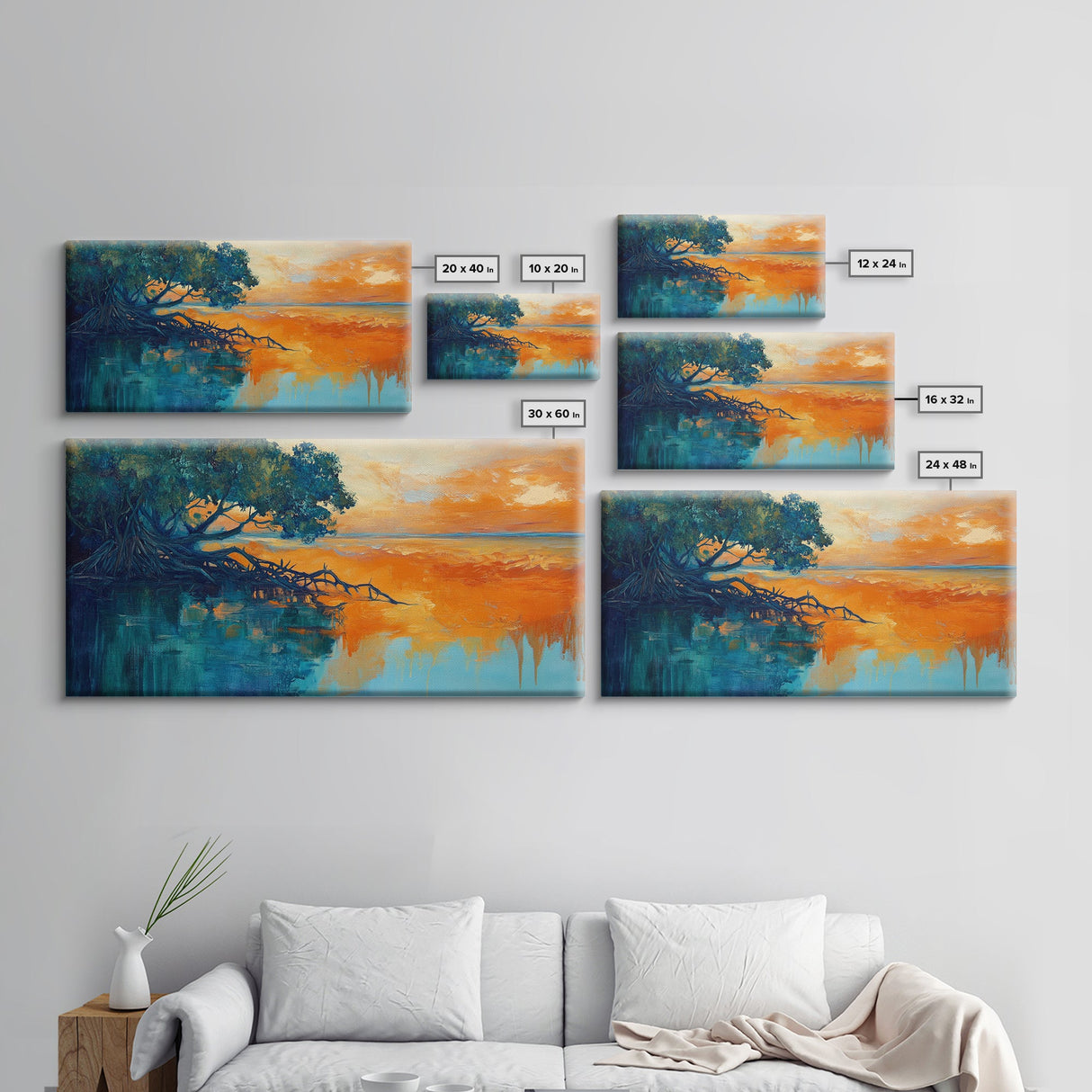 Mangrove Sunset Painting, coastal landscape art, blue and green wall art, seascape painting, nautical wall art, framed canvas print