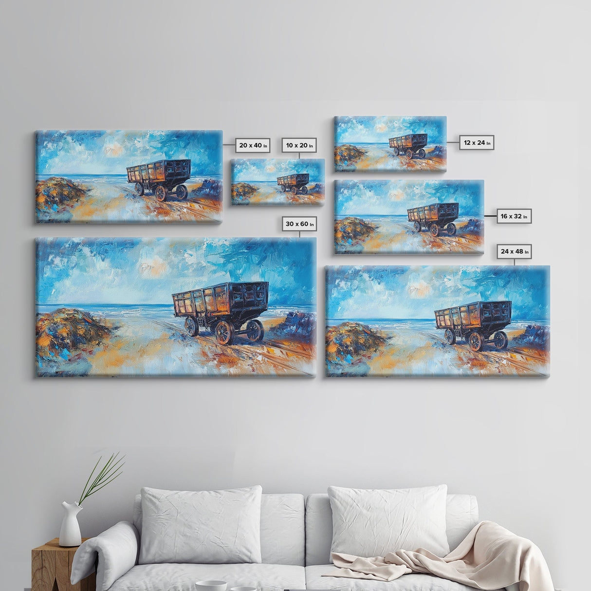 Rustic Wagon, coastal landscape art, framed canvas print, vintage horse art, farmhouse art, extra wide art, panoramic painting