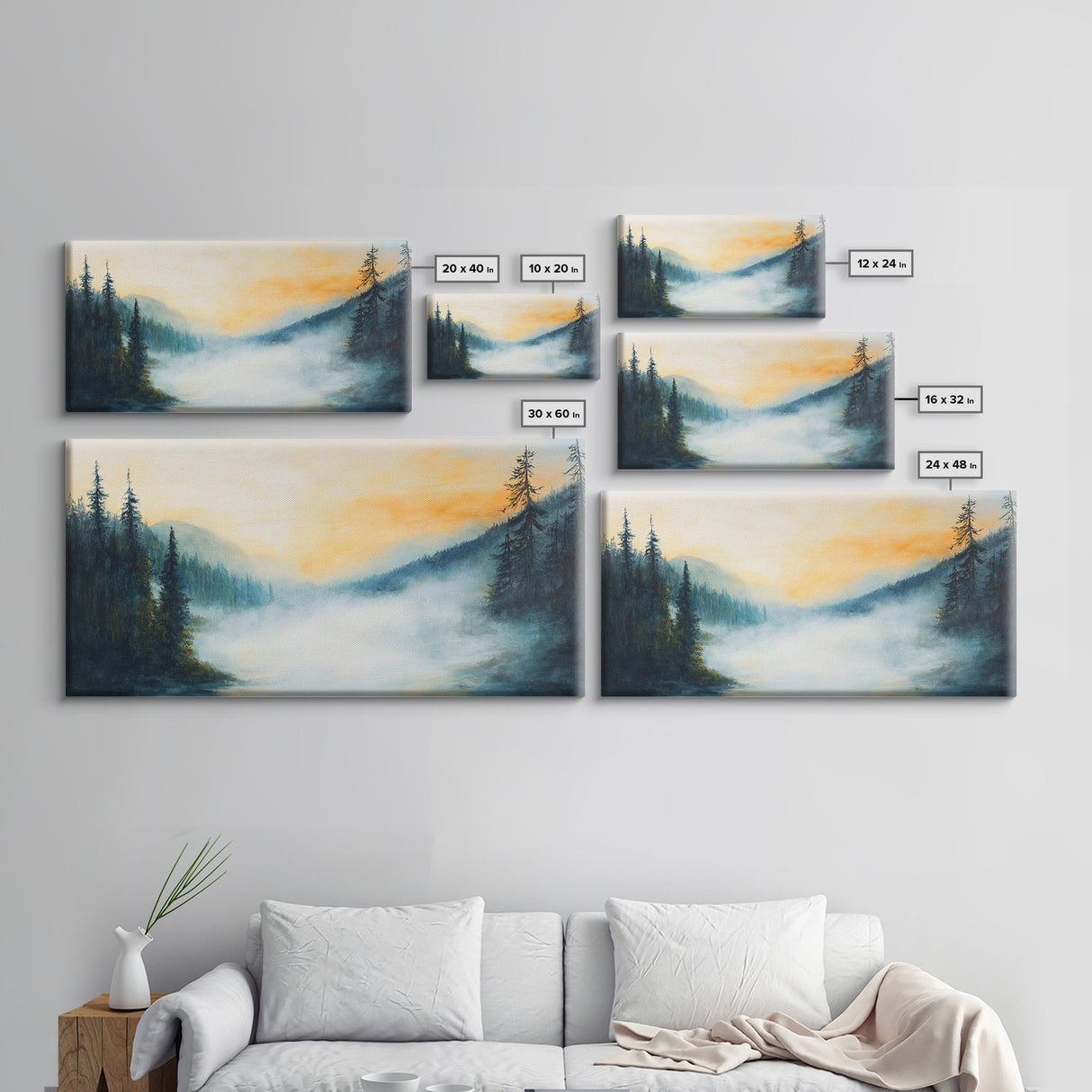 Foggy Pines, smoky mountain art, framed canvas print, forest at dusk painting, pine tree art, above bed wall art, rustic decor