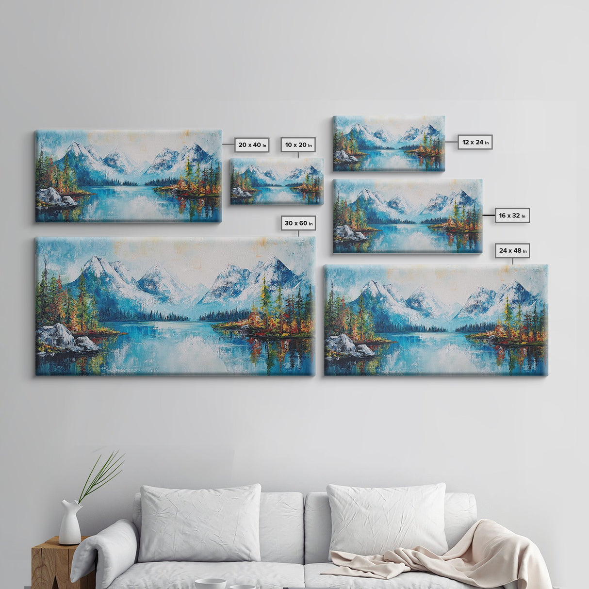 Snowy Peaks, mountain painting, framed canvas print, landscape painting, extra wide art, rustic wall art, above bed wall art