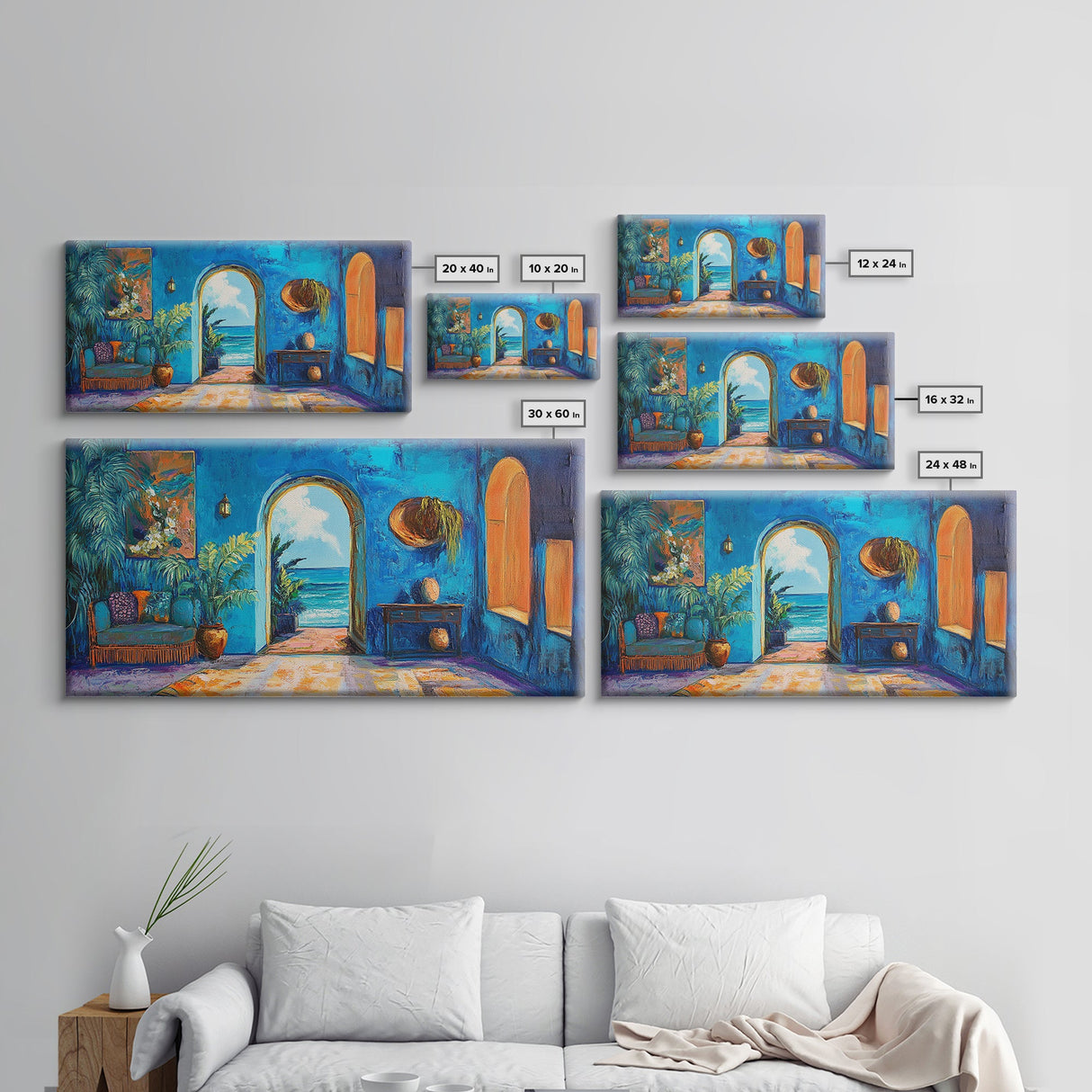 Moroccan Archway, Coastal Decor, Canvas Print, Moroccan Wall Art, Nautical Painting, Coastal Painting, Boho Art, Ocean View