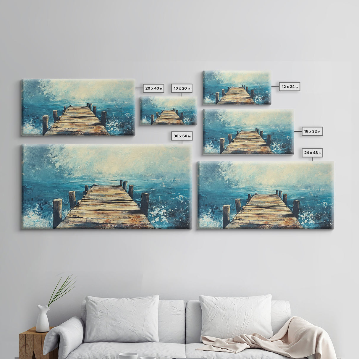 Rustic Dock, Nautical Wall Art, Framed Canvas Print, Coastal Landscape Art, Ocean Painting, Seascape Painting, Extra Wide Art