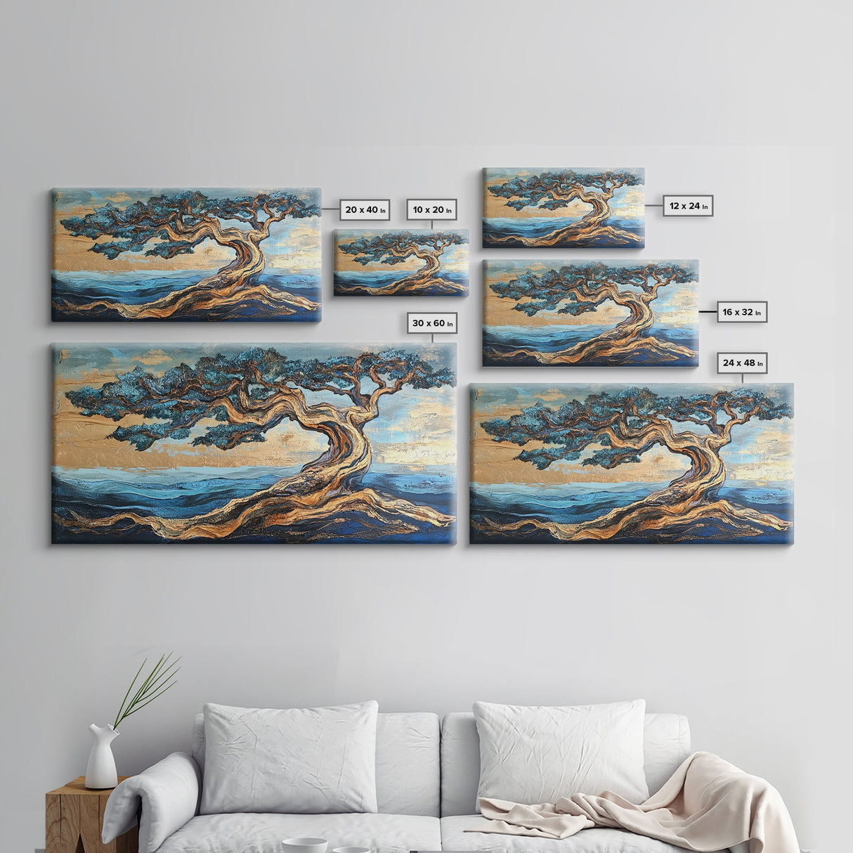 Twisted Tree, Oak Tree Art, Canvas Print, Coastal Landscape Art, Nature Painting, Rustic Wall Art, Blue And Green Wall Art