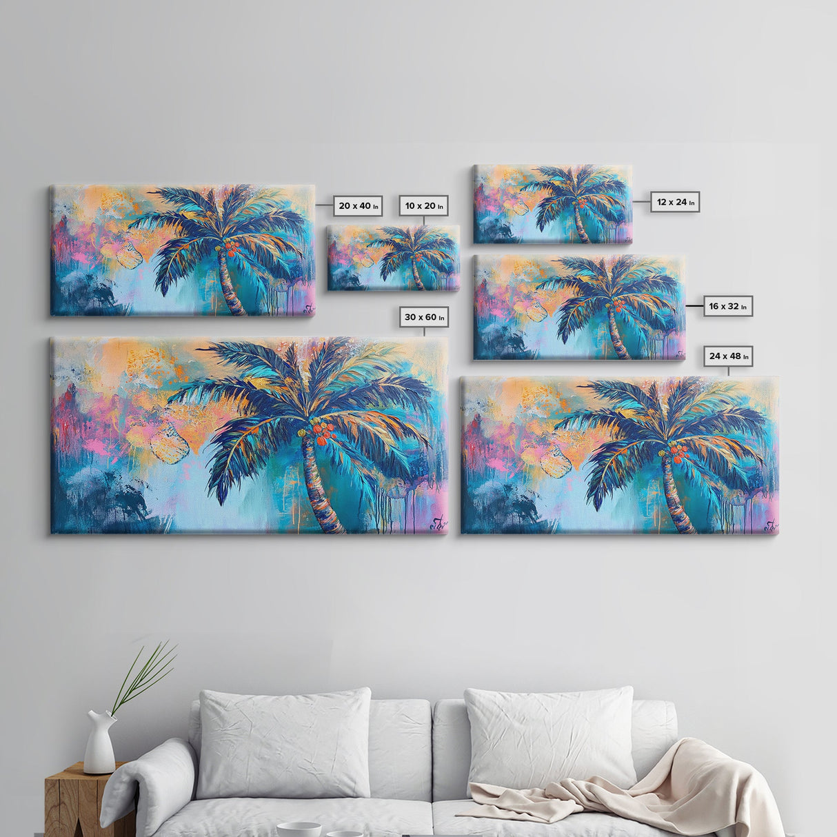 Palm tree painting, coastal wall art, framed canvas print, tropical art, boho art, surf wall art, extra wide art, vibrant wall decor