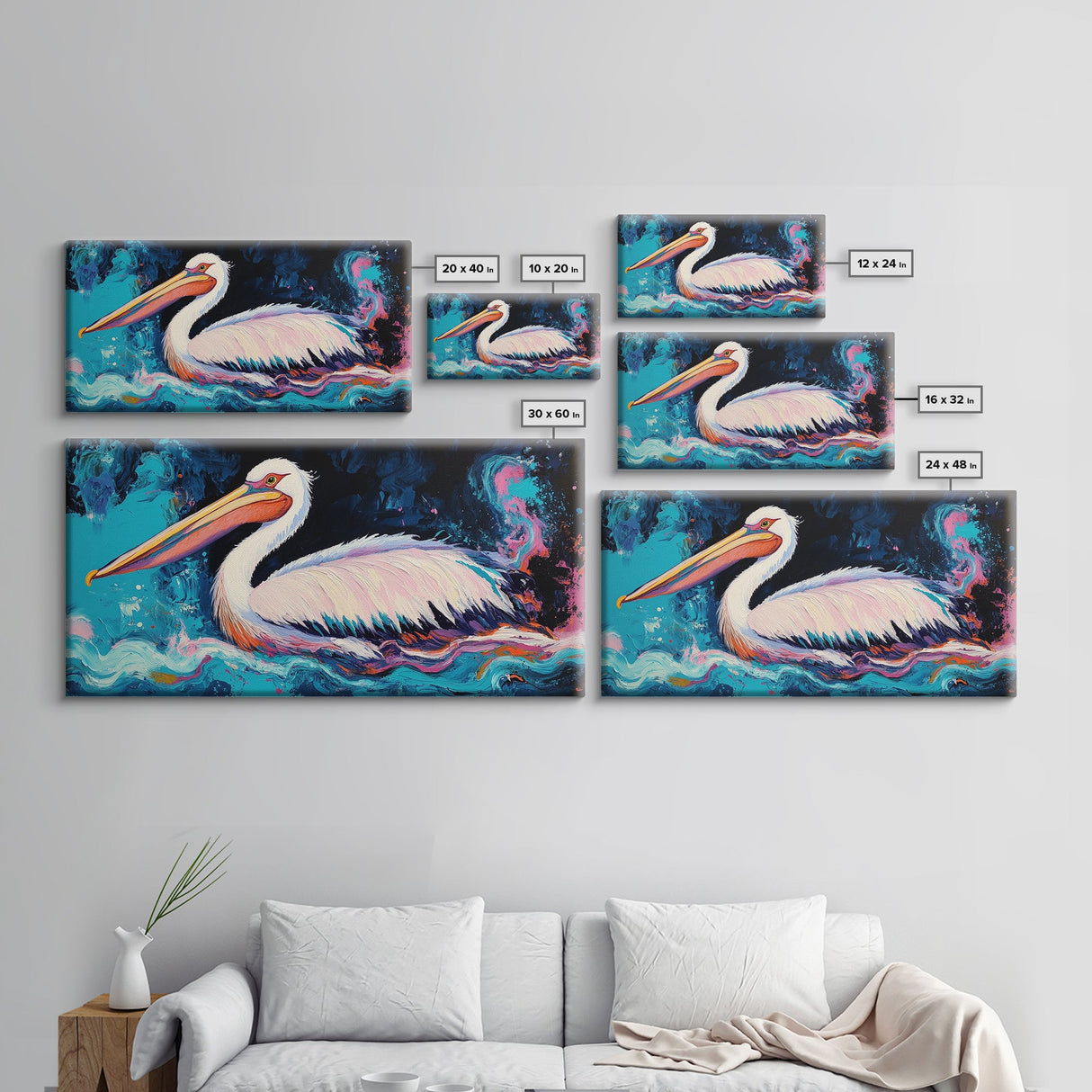 Bird art, pelican painting, framed canvas print, coastal decor, extra wide art, tropical painting, colorful abstract wall art