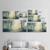 Foggy Forest Path, forest at dusk painting, pine tree art, wabi sabi art, moody art, extra wide art, rustic wall art, Canvas Print
