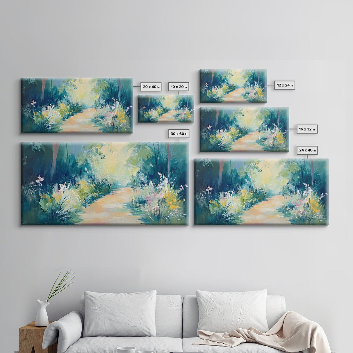 Serene Woodland Trail, wildflower painting, botanical prints, landscape painting, rustic decor, extra wide art, Framed Canvas Print