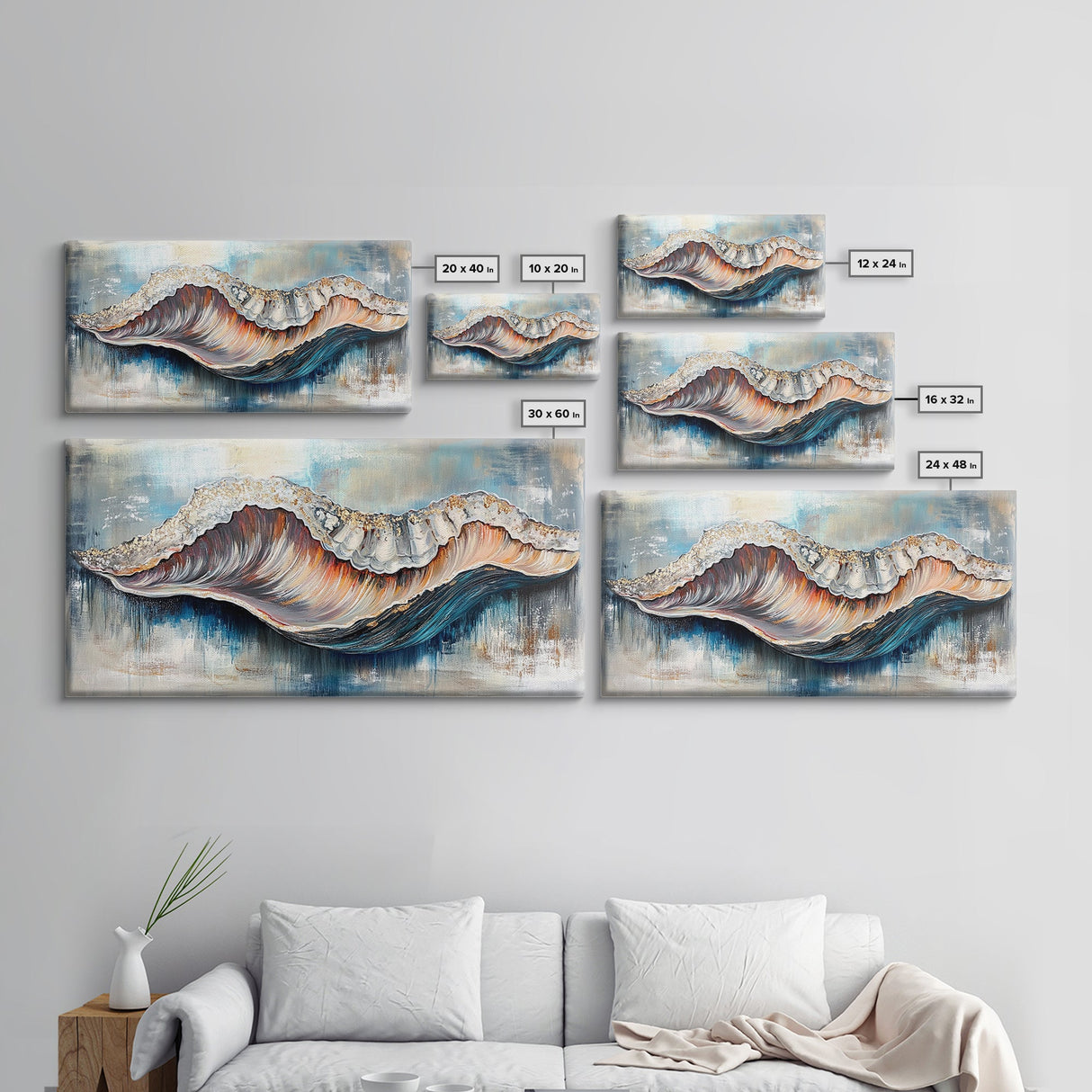 Oyster Shell, coastal painting, framed canvas print, nautical decor, oyster wall art, blue and green wall art, extra wide art