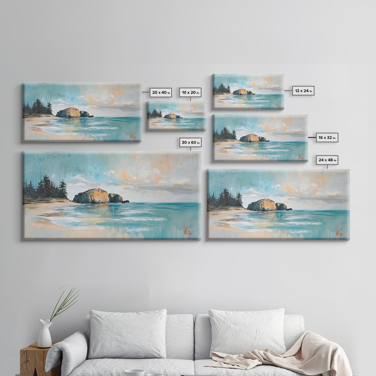 Serene Beach Landscape, framed canvas print, coastal painting, seascape painting, extra wide art, nautical wall art, bedroom art