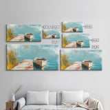 Wooden dock, rowboat, lake, marsh painting, fisherman painting, coastal decor, rustic wall art, framed canvas print, guest room art