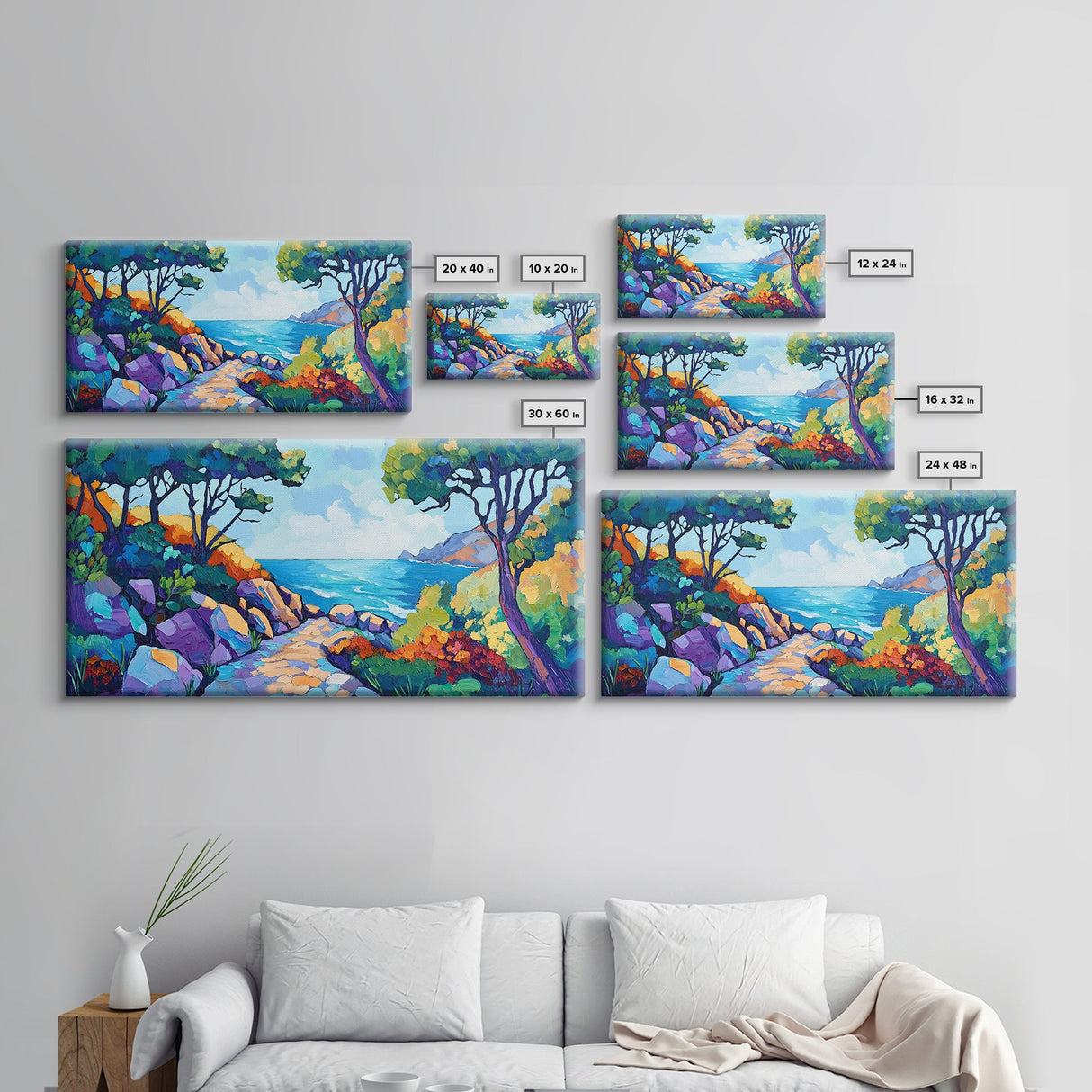 Coastal Pathway, bold colors, impressionist seascape, ocean view, vibrant painting, coastal wall art, Canvas Print, beach decor