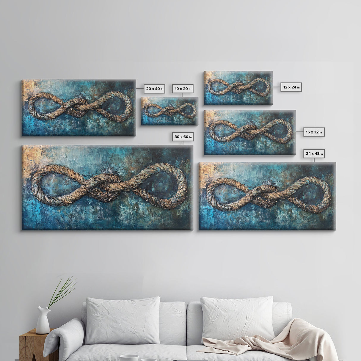Nautical Rope, infinity knot, rustic maritime, coastal decor, textured blue, wabi sabi art, Canvas Print, nautical wall art