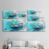Floating Boat, teal watercolor, impressionist seascape, peaceful ocean, nautical painting, Canvas Print, coastal decor, rustic art