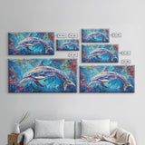 Dolphin Painting, blue and green wall art, coastal decor, nautical painting, framed canvas print, whimsical art, ocean wall art