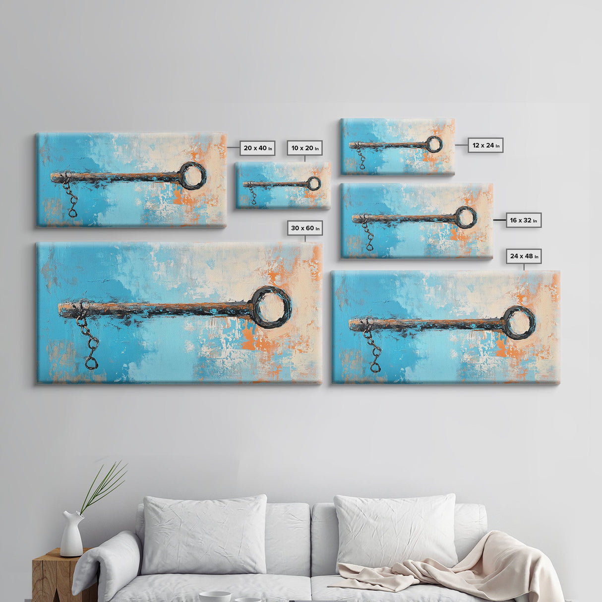 Rustic Key Painting, teal wall art, farmhouse art, coastal decor, framed canvas print, wabi sabi art, extra wide art, moody art