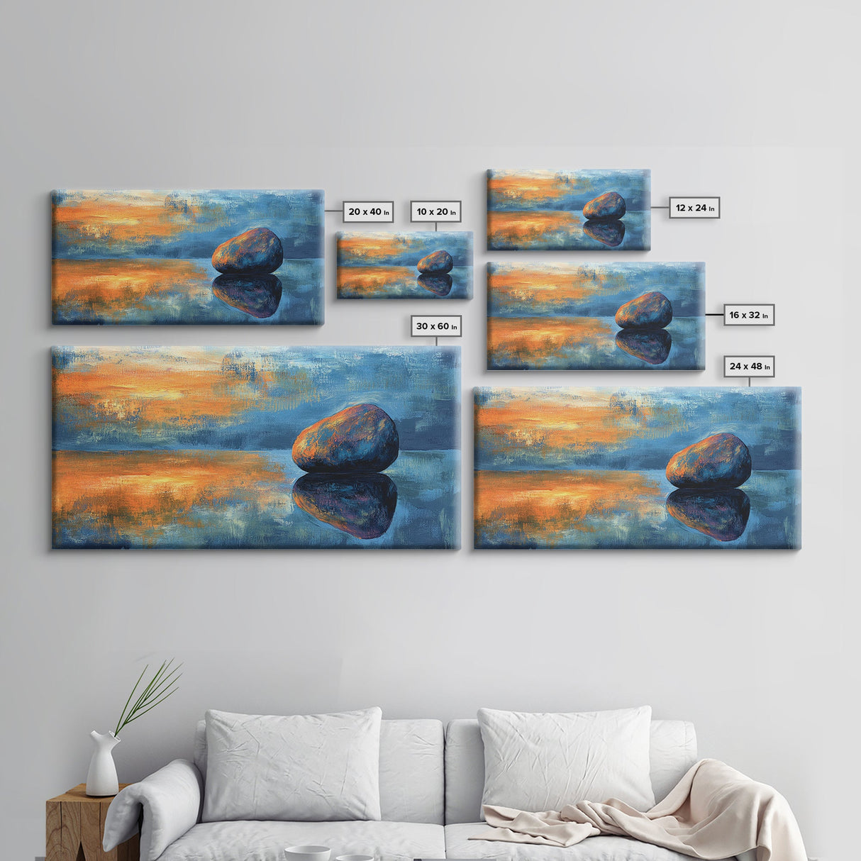 Zen Stone Reflection, moody art, minimalist art, coastal painting, blue and green wall art, extra wide art, canvas print