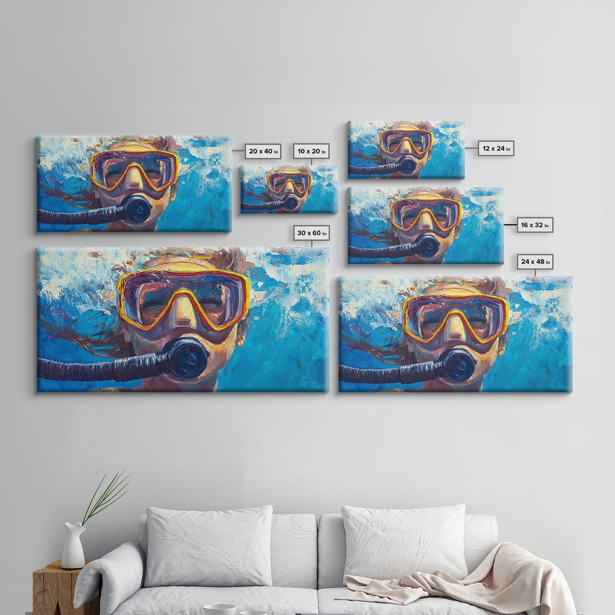 Scuba Diving Art, Coastal Decor, Ocean Wall Art, Framed Canvas Print, Nautical Painting, Beach Decor, Teal Wall Art
