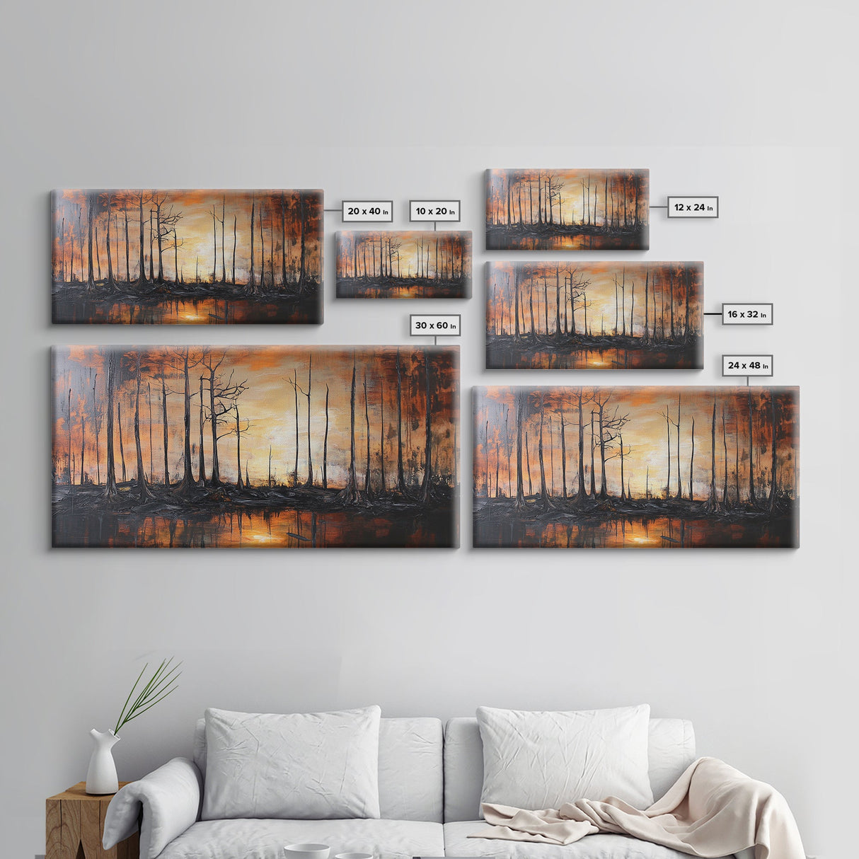 Forest at Dusk, moody art, fall landscape painting, pine tree art, framed canvas print, extra wide art, autumn wall art, rustic decor