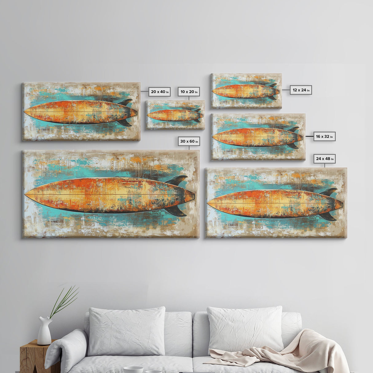 Rustic Surfboard, coastal decor, surf wall art, nautical painting, extra wide art, boho art, beach house decor, Canvas Print
