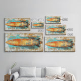 Rustic Surfboard, coastal decor, surf wall art, nautical painting, extra wide art, boho art, beach house decor, Canvas Print