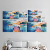 Lake Dock, sunset painting, nautical decor, coastal landscape art, wabi sabi art, extra wide art, rustic decor, Framed Canvas Print