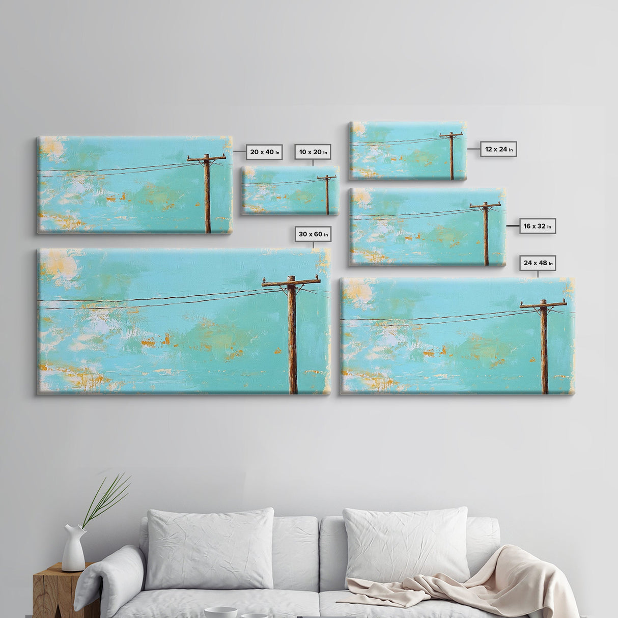 Power Lines, minimalist art, boho wall art, extra wide art, blue and green wall art, wabi sabi art, above sofa art, Canvas Print