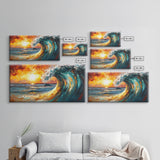 Ocean wave, sunset surf, seascape painting, framed canvas print, surf wall art, nautical painting, coastal decor