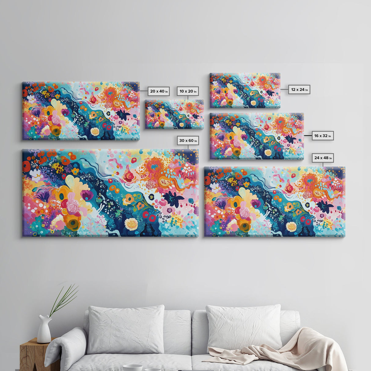 Floral abstract, whimsical art, colorful wildflowers, framed canvas print, botanical prints, pink orange wall art