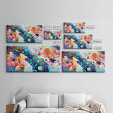 Floral abstract, whimsical art, colorful wildflowers, framed canvas print, botanical prints, pink orange wall art