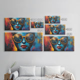 Bold Sunglasses Portrait, graffiti wall art, moody art, chicano art, abstract portrait, pop art decor, gift idea her, Canvas Print