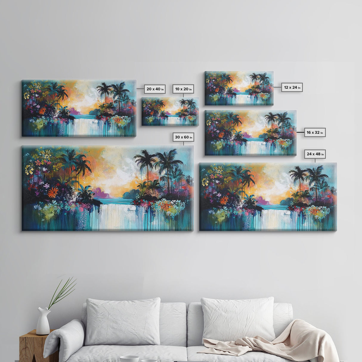 Tropical Sunset, Canvas Print, palm tree painting, coastal decor, wildflower painting, extra wide art, beach wall art