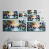 Tropical Sunset, Canvas Print, palm tree painting, coastal decor, wildflower painting, extra wide art, beach wall art